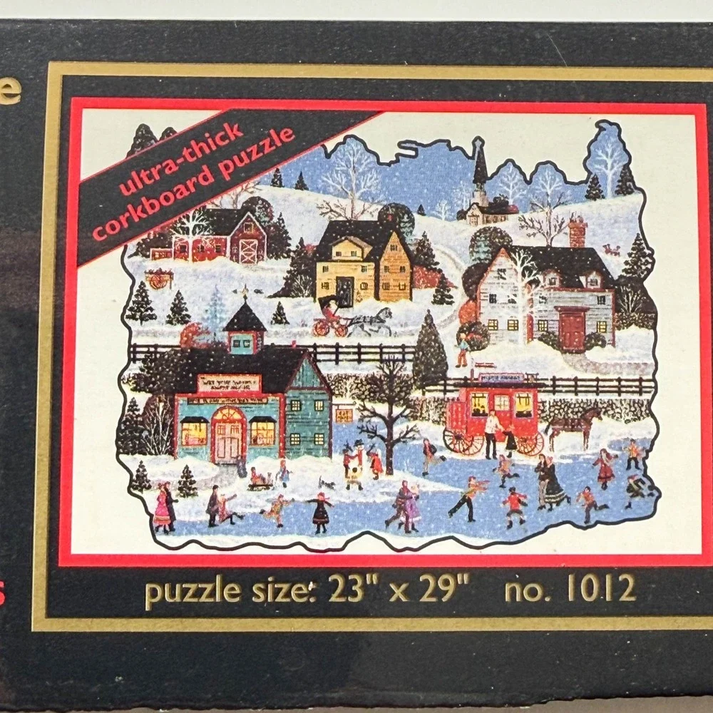 Ceaco 530 Piece Silhouette Corkboard Jigsaw Puzzle Winter Village Ice‎ Skaters